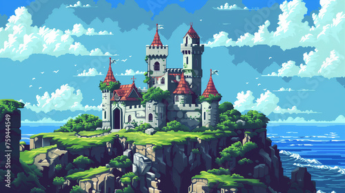 Medieval castle on the grass landscape with blue sky , pixel art  , 16 bit art , game art photo