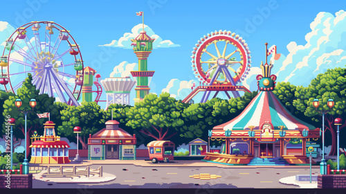 pixel art of theme park wit blue sky , amusement park game art photo