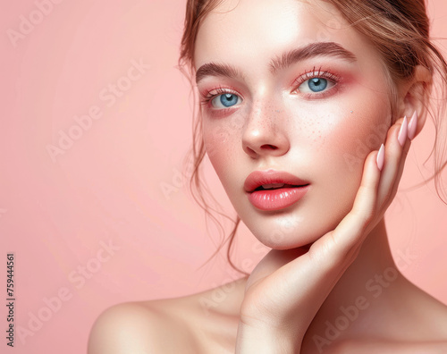 Beautiful woman with perfect clean skin, healthy face and beautiful blue eyes in the style of beauty style photo studio on a pink background. Portrait of a young attractive girl with delicate makeup