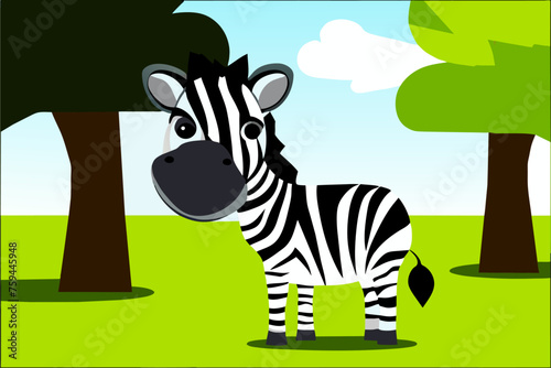 A cute baby Zebra is standing in front of tree barks and is looking at the camera.