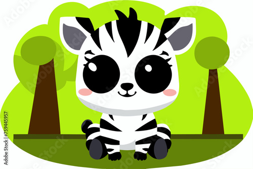 A cute zebra stands proudly in front of a backdrop of lush trees.