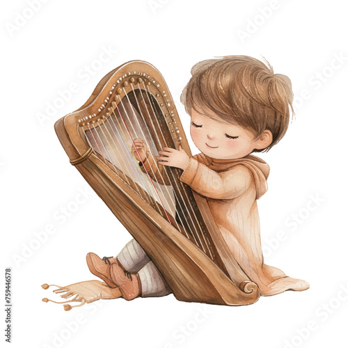 cute kid playing harp vector illustration in watercolour style