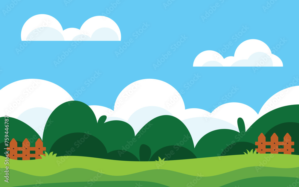 Fototapeta premium Flat green field landscape on sunny day