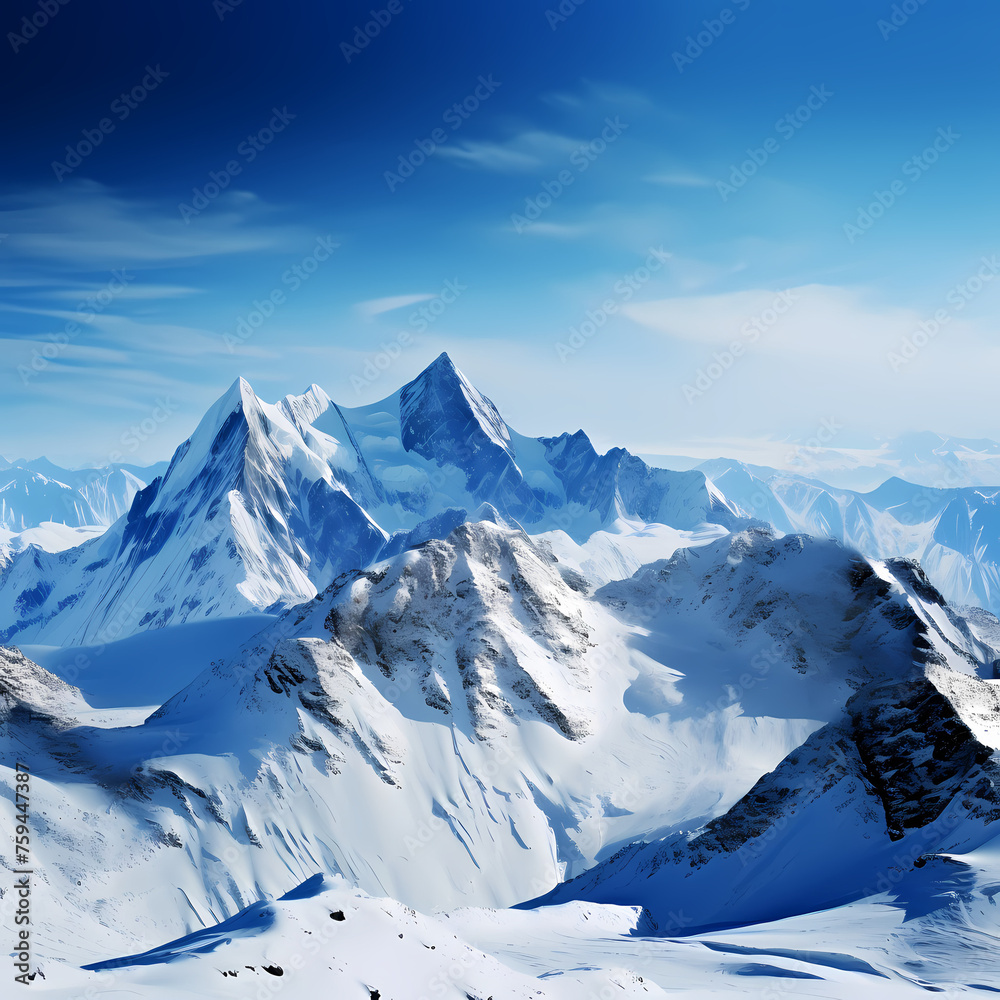 A mountain range covered in snow under a clear blue sky