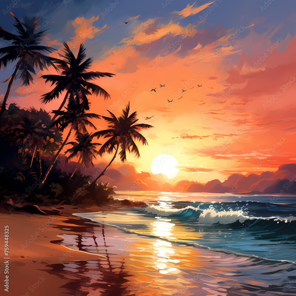 A serene beach sunset with palm trees and gentle wind