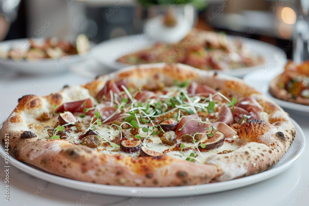 Gourmet Fig and Prosciutto Pizza on White Plate, Perfectly Composed Gen AI Gourmet Fig and Prosciutto Pizza on White Plate, Perfectly Composed Gen AI