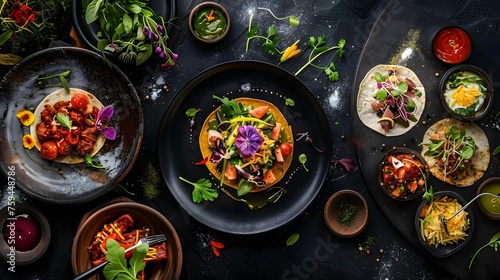 High-End Mexican Cuisine Artistic Tacos with Gourmet Fillings and Vibrant Flowers on a Dark Plate