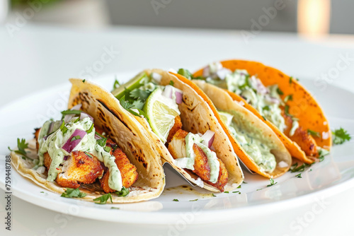 Delicious Fish Tacos with Cilantro Lime Crema on White Plate Gen AI photo