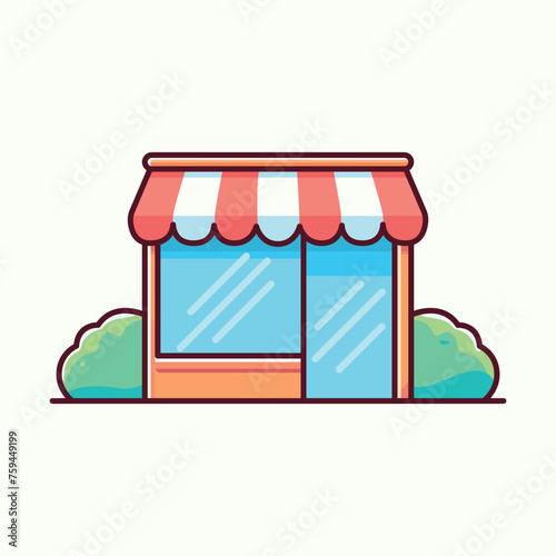 Shopping store with red and white striped awning isolated flat vector illustration
