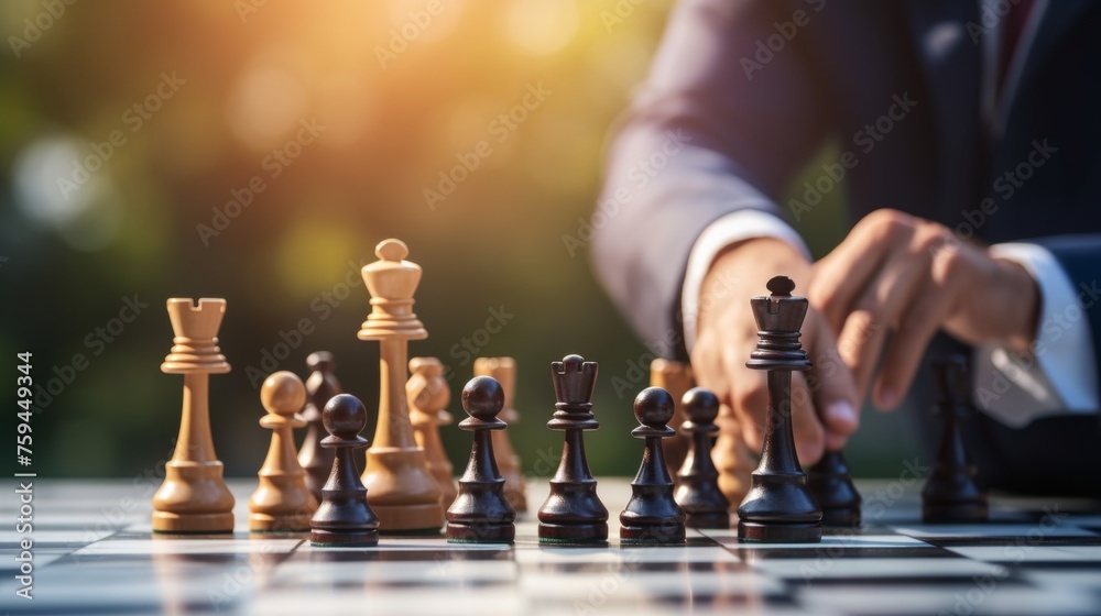 chess battle, victory, success, leader, teamwork, business strategy . business man wear business suit move prepare move king chess pieces, plan strategy lead successful business competition leader - obrazy, fototapety, plakaty 
