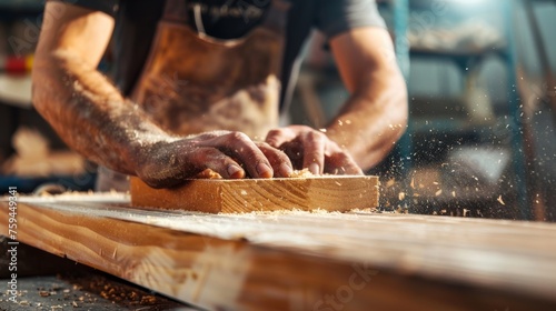 close up man owner a small furniture business is preparing wood for production. carpenter male is adjust wood to the desired size. architect, designer photo