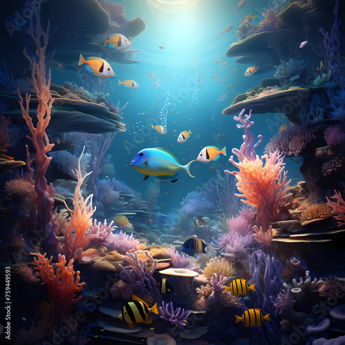 A surreal underwater scene with exotic marine life 