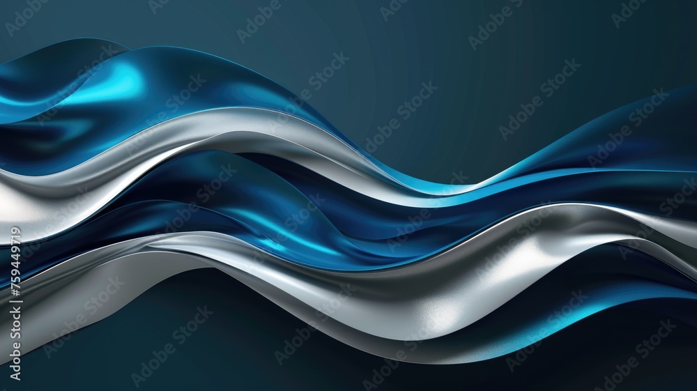 The abstract picture of the two colours of blue and silver colours that has been created form of the waving shiny smooth satin fabric that curved and bend around this beauty abstract picture. AIGX01. - obrazy, fototapety, plakaty 
