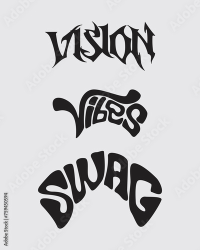 Vision, vibes, swag text custom typography acid brutalism element clip art poster, t shirt graphic design editable