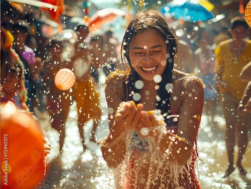  people joyfully splashing water . © Jarinya N.
