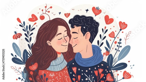 A romantic couple portrait. A young couple in a romantic relationship, surrounded by sweet valentines. The image is in modern format, isolated on a white background.