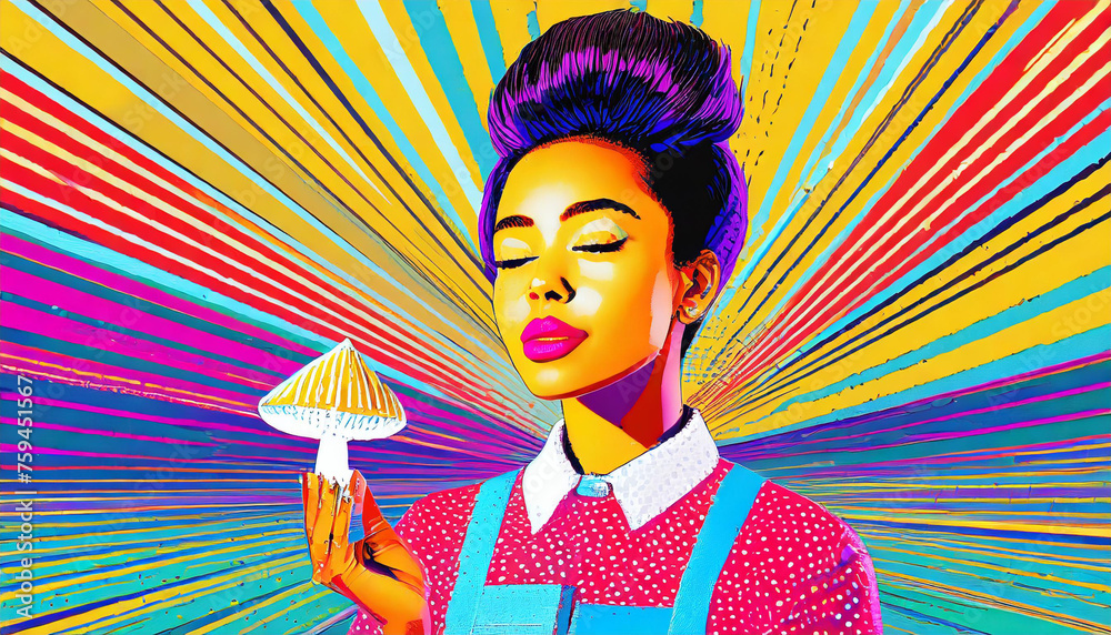 A highly stylized psychedelic, colorful illustration of a young woman holding a magic mushroom  - obrazy, fototapety, plakaty 