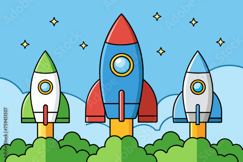 A rocket soars upwards against a leafy green backdrop, its sleek form contrasting with the organic textures of the trees.