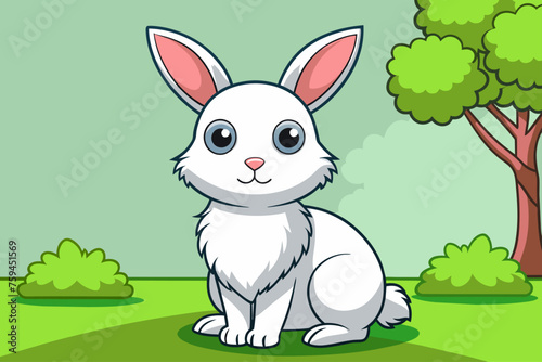 A cute white rabbit sits on a tree trunk with a lush green forest backdrop