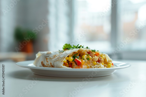 Frozen Burrito on White Plate on Table with White Wall Background Gen AI photo