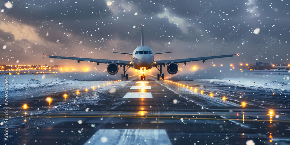 Flight landing departuring during dificult weather snow, - obrazy, fototapety, plakaty 