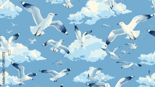 Flying birds  seamless pattern. Seagulls soar in blue skies. Printable flat modern illustration for textile  fabric  wallpaper  wrapping.