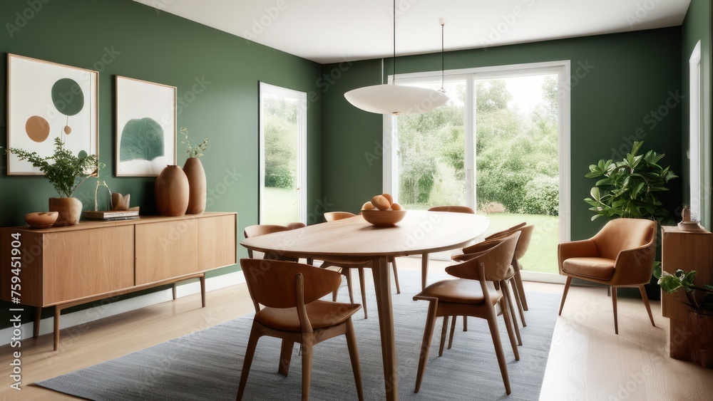 Wooden dining table and chairs against green wall Wooden dining table and chairs against green wall