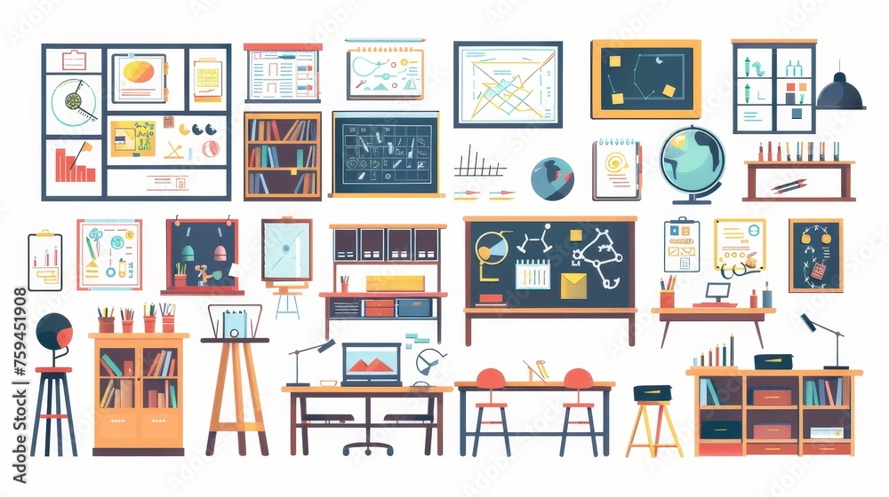 Illustration of empty classrooms, study rooms, and supplies for art, biology, geography, and astronomy classes. Isolated on white background.