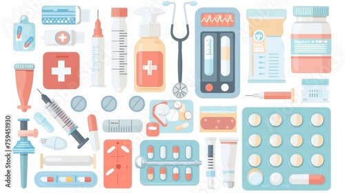 An illustration of a bunch of medical tools and medicines - a first aid kit, inhaler, inhaler cartridges, pills in blisters, needles, thermometers, patches, and nasal sprays.