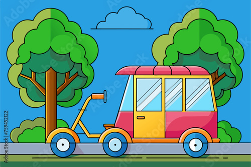 A rickshaw waits patiently in front of a lush, leafy tree.