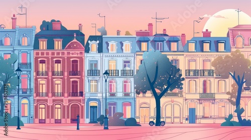 The urban landscape is dominated by elegant residential buildings with European architecture. Cityscape with stylish houses, street lights, and trees. Colorful modern illustration in line art style.