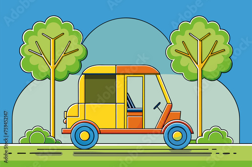 A rickshaw waits patiently in front of a lush, leafy tree.