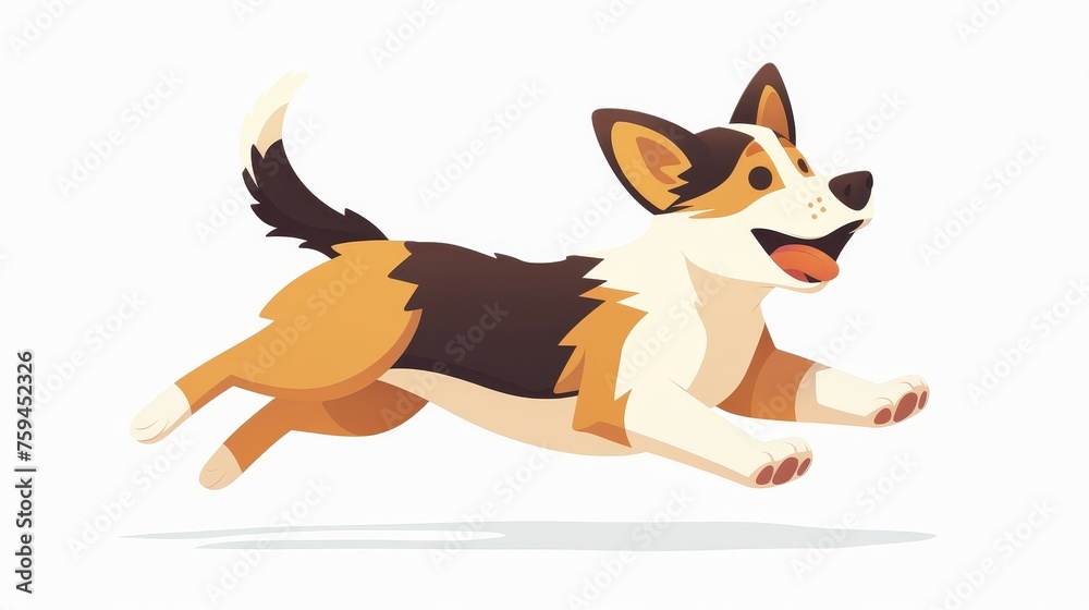 Doggy, dog animal. Adorable friendly bicolor pup in motion. Flat modern illustration isolated on white.