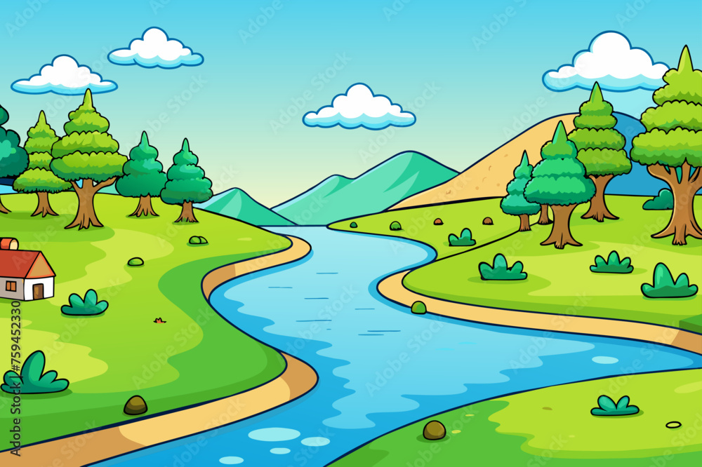Obraz premium Verdant trees line the riverbank, casting their reflection upon the water's gentle flow.