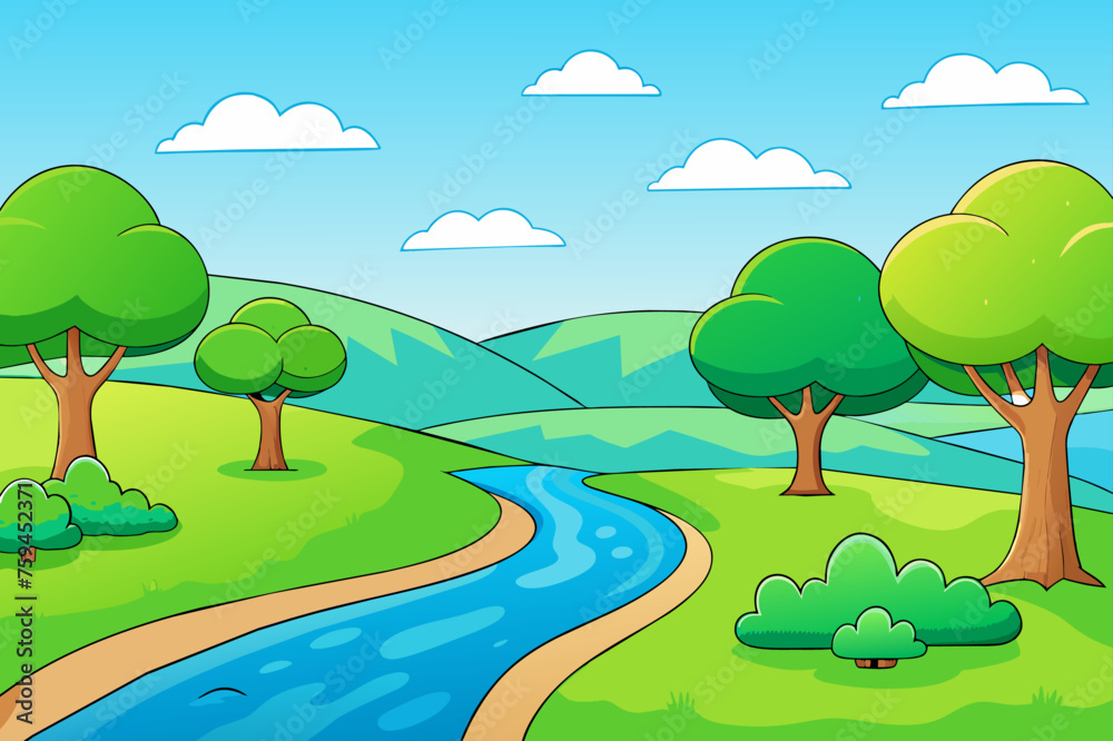 Obraz premium Verdant trees line the riverbank, casting their reflection upon the water's gentle flow.