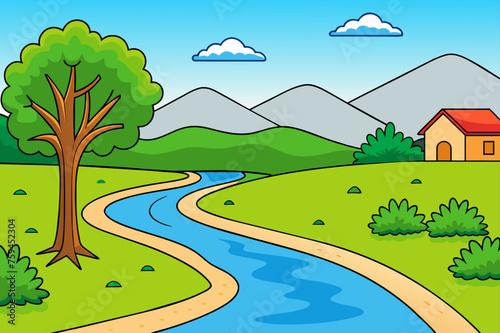 A river flows through a scenic forest, its banks adorned with lush trees reflecting in the shimmering waters.