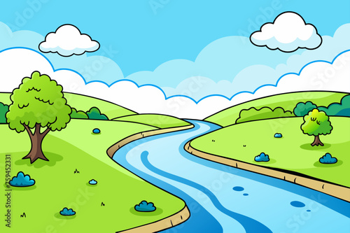 A river flows through lush green trees in the background  creating a serene and picturesque scene.