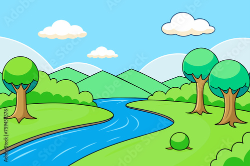 A river flows through lush green trees in the background, creating a serene and picturesque scene.