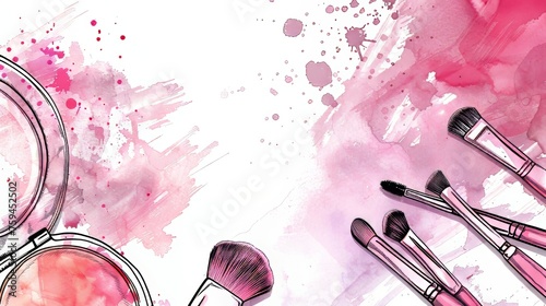 Fashion cosmetics horizontal background. Handdrawn modern illustration with watercolor spots and make-up artist objects.