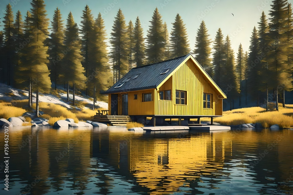 Modern Yellow Lakeside Wooden Cabin Norwegian Style Fisherman House Floating 3d illustration
