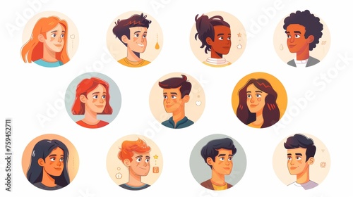 Happy carefree male and female characters, head portraits in circles. Modern, trendy people, user profiles. Flat modern illustrations isolated on white.