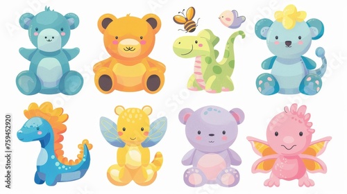 Soft stuffed toys set with cute teddy bears  dinosaurs  bees  and cats. Kawaii kid childish plushies for playing games. Nursery flat modern illustrations isolated on white.