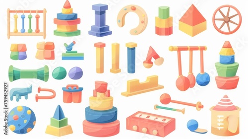 Children's flat modern illustration isolated on white background. Montessori toys set. Stacking, sorting, matching games and babies' fun. Kindergarten, preschool education items. Kids flat modern