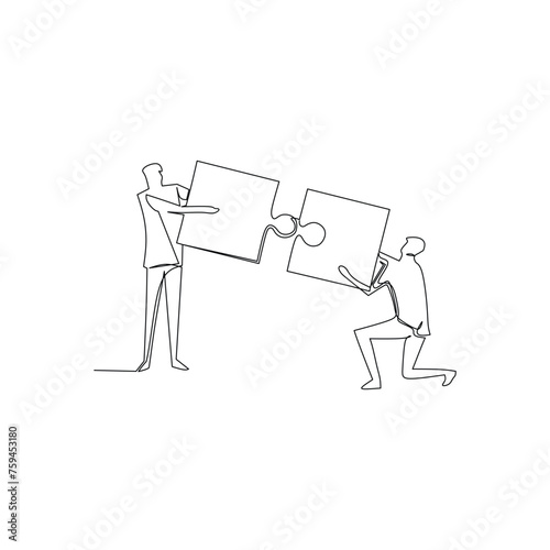 One continuous line drawing of two young entrepreneurs pushing puzzle pieces to put them together as a sign to start business collaboration. Modern unity teamwork concept single line drawing
