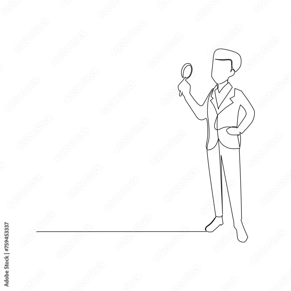 Continuous one line drawing businessman in suit holding while standing magnifying glass. Single line draw design vector illustration