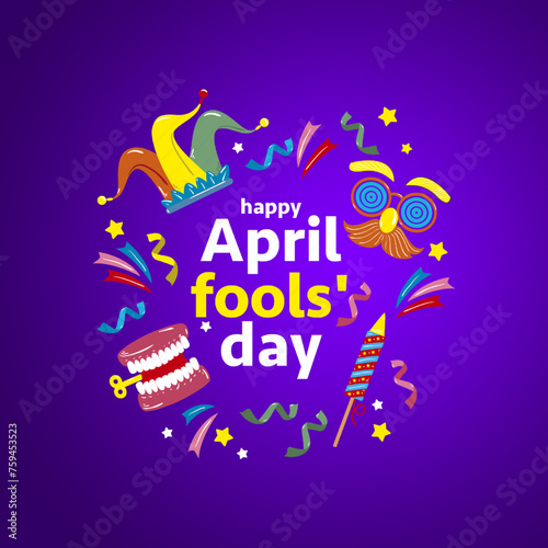 April Fools' Day card with a purple background, featuring confetti and playful elements. Celebrates the fun of the day with a message of humor, pranks, and laughter