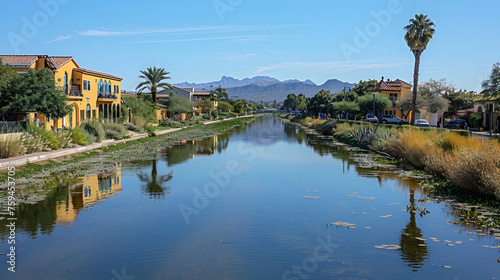 The Grand Canal, Phoenix, Scottsdale, Az,USA. The oldest remaining pioneer canal on the north side of the Salt River, generative ai