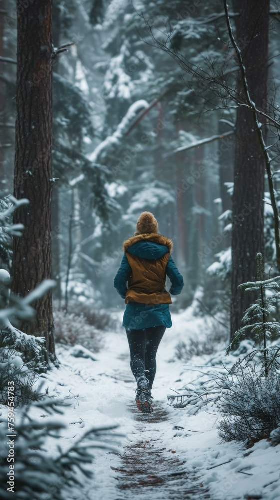 A person walking through a snowy forest. Generative AI.