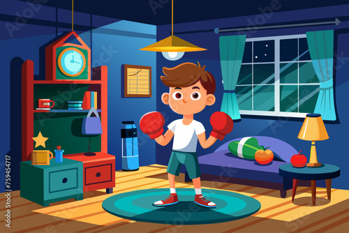 A cozy room with blue walls adorned with boxing posters and a sleek boxing bag hanging in the corner.