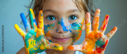 A young artist with colorful paint on their hands and face smiles while enjoying a creative playtime